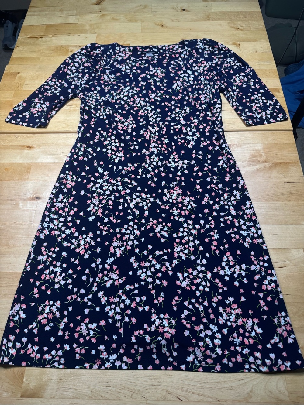 Tommy Hilfiger Navy Floral Knit Midi Dress with Pink & White Blossoms